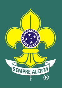 Distintivo Escoteiro: flor-de-lis com a faixa Sempre Alerta