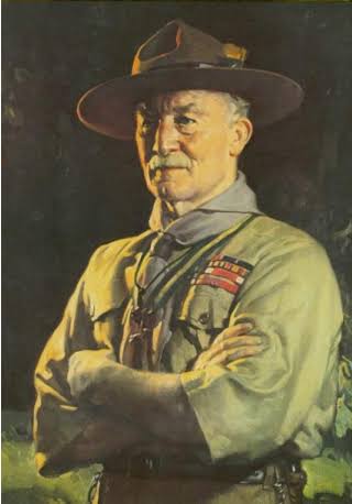 Retrato pintado de Baden-Powell, de uniforme escoteiro
