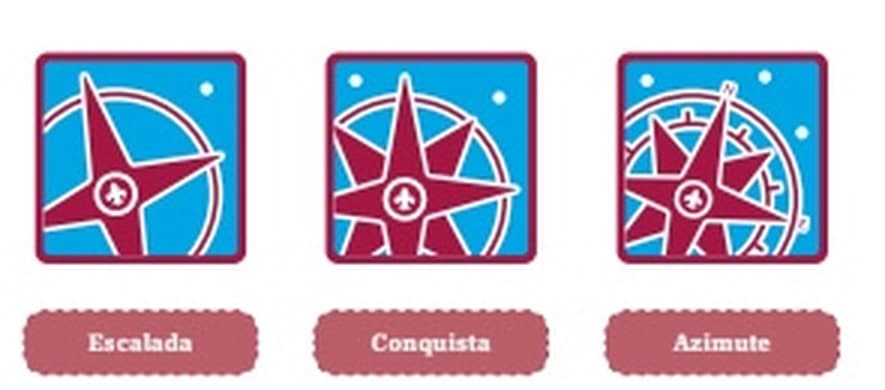 Os três distintivos das etapas do Ramo Sênior: Escalada, Conquista e Azimute