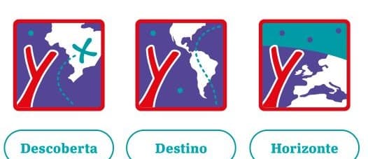 Os três distintivos das etapas do Ramo Pioneiro: Descoberta, Destino e Horizonte